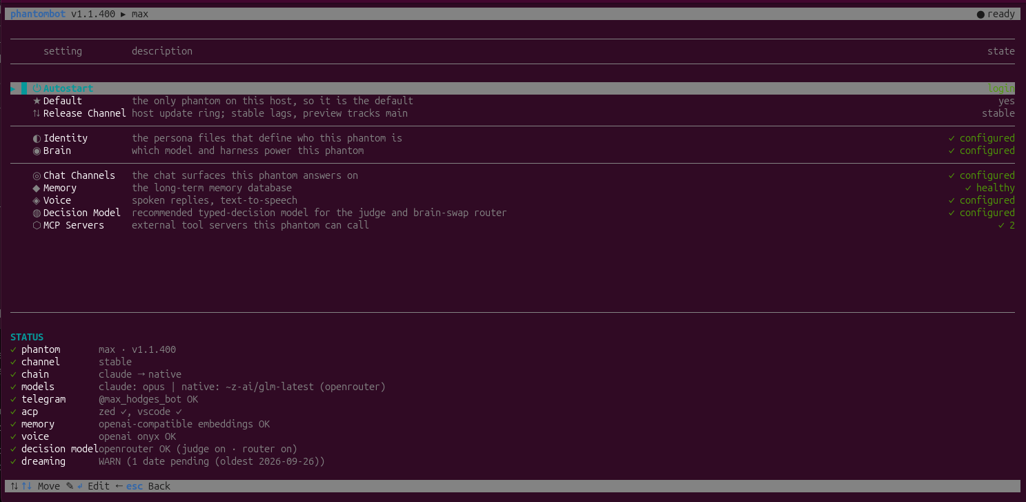 The Phantombot TUI settings menu and status panel